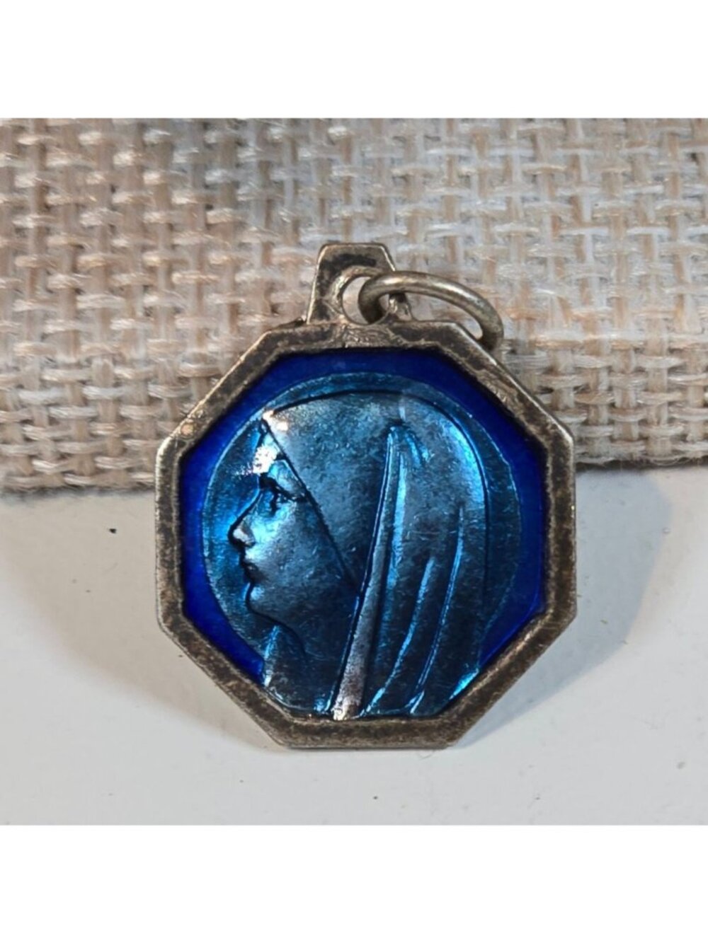 Vintage French Blue Enamel Virgin Mary Medal Pendant Holy Water Reliquary plated